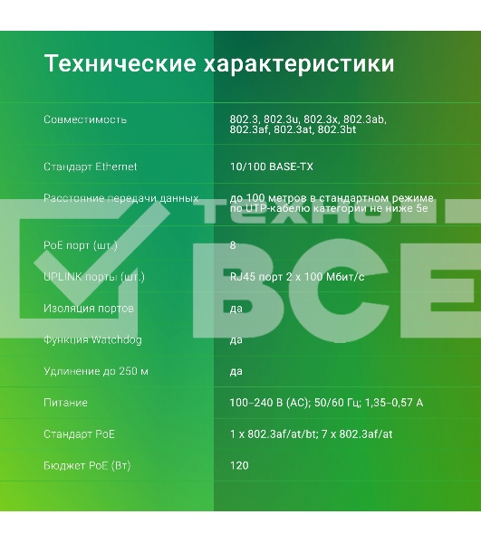 Коммутатор Digma DSP208F-2F-T120 DSP208F-2F-T120 V1 10x100Мбит/с 8PoE 8PoE+ 1PoE++ 120W неуправляемый