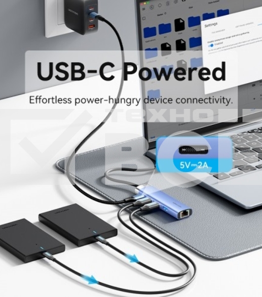 Сетевой адаптер Vention USB 3.0 M/Gigabit Ethernet RJ45+OTG хаб 3xUSB Синий - 0.15м.