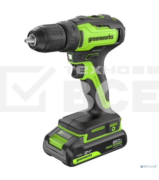 Дрель-шуруповерт Greenworks GD24DD35 аккумуляторная, 24V, б/щет, 29/35Нм,1х2Ач,ЗУ,кор [3704007CUA]