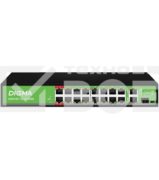 Коммутатор Digma DSP216F-1G-1C-R300 (L2) 16x100Мбит/с 1x1Гбит/с 1xКомбо(1000BASE-T/SFP) 16PoE 16PoE+ 2PoE++ 300W неуправляемый