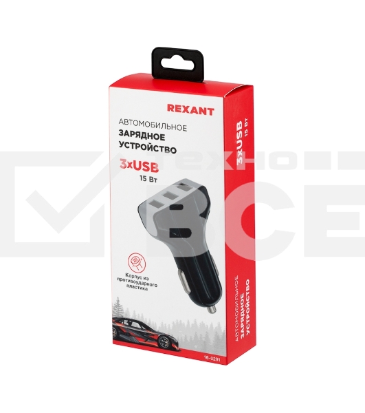 Зарядное устройство в прикуриватель Rexant 3 x USB, 1000mA, черный