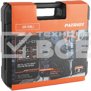 Дрель-шуруповерт Patriot BR 119Li, Аккумуляторная, 12В, 2 АКБ
