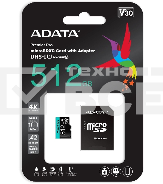 Карта памяти MICRO SDXC 512GB W/AD. AUSDX512GUI3V30SA2-RA1 ADATA