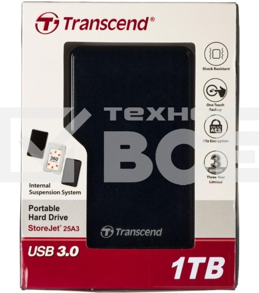 Внешний Жесткий диск Transcend USB 3.0 1Tb TS1TSJ25A3K StoreJet 25A3 2.5