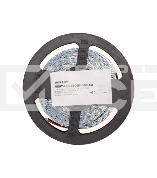 Лента светодиодная 12В, SMD2835, 9,6Вт/м, 60 LED/м, 3000K, 8мм, 5м, IP20 Rexant
