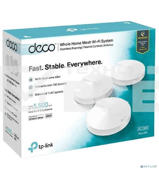 Маршрутизатор TP-Link TP-Link DECO M5(3-PACK) AC1300 Домашняя Wi-Fi система, чипсет Qualcomm, два диапазона (Dual-Band), поддержка стандартов 802.11ac/a/b/g/n, 717 МГц четырехъядерный процессор, Bluetooth 4.2, 2 гигабитных порта Ethernet, 1 порт USB Type-