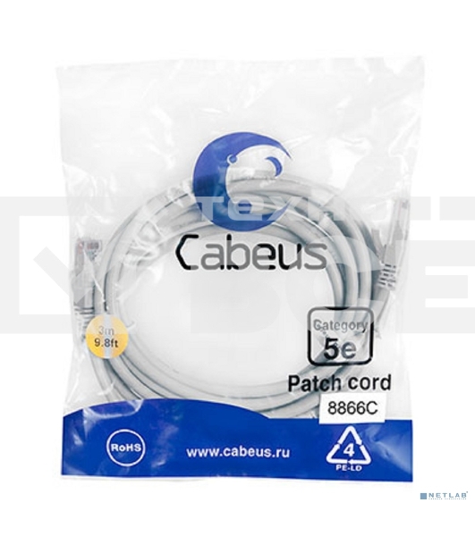 Шнур комм. Cabeus, кат. 5е, неэкр., U/UTP, RJ45/RJ45, LSZH, AWG24, 3м, серый
