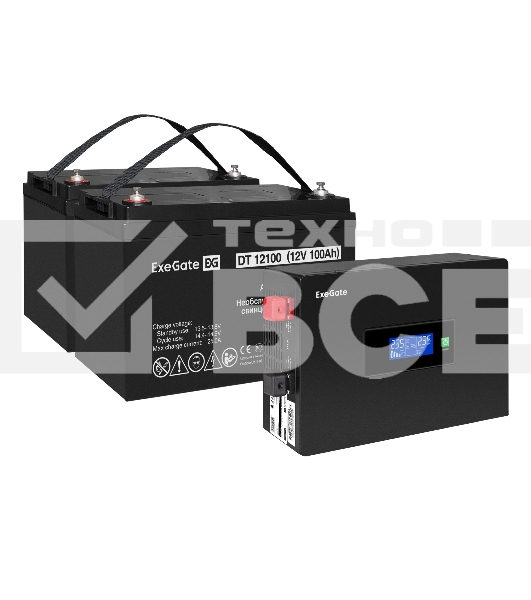 Комплект Источник бесперебойного питания EX295994RUS + батарея 100Aч EX282985RUS 2шт (инвертор, синус, для котла, PF=1, настенный) ExeGate IdealSine SR-1500.LCD.2SH  <1500VA/1500W, чистая синусоида, цветной LCD-дисплей, 2*Schuko, крепление настенное, черный> + батарея ExeGate DT 12100 (12В, 100Ач) 2шт