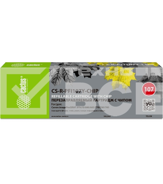 Картридж перезаправляемый струйный Cactus CS-R-PFI107Y-CHIP желтый (260мл) для Canon imageProGRAF iPF670/680/685/770/780/785 с чипом