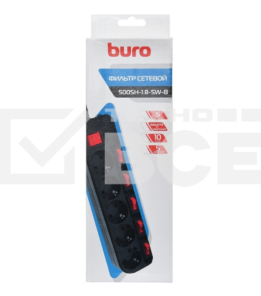 Сетевой фильтр Buro 500SH-1.8-SW-B 1.8м (5 розеток) черный (коробка)