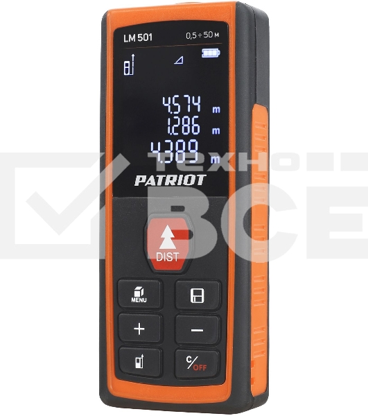 Дальномер лазерный PATRIOT LM 501, макс. дистанция 50 метров, измерение площади, объема, подсветка, память 30 изм., чехол в комплекте