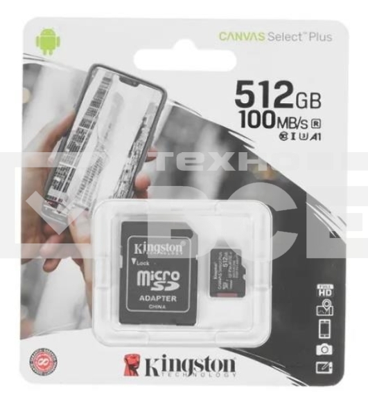 Флеш карта microSDHC 512GB microSDXC Class10 Kingston <SDCS2/512GB> UHS-I Canvas Select up to 100MB/s с адапт.