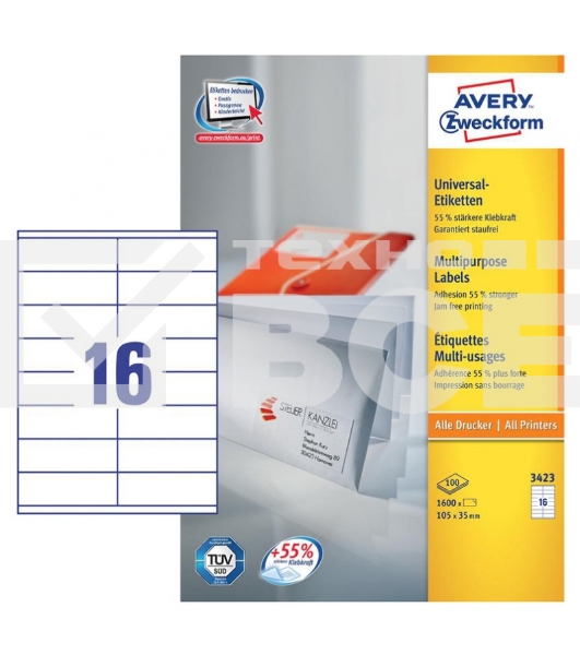 Этикетки самоклеящиеся Avery Zweckform 3423 A4, 105x35 мм, 16 шт, универсальная, 70 г/м2, 100 л, покрытие матовое, белый