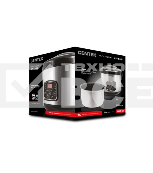 Мультиварка Centek CT-1490 (сталь)скороварка,1000Вт; 5.0л, 8 программ, ненагр крышка, а/п покр(4)