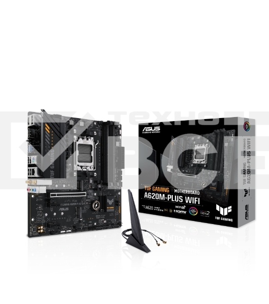 Материнская плата ASUS TUF GAMING A620M-PLUS WIFI, AM5, AMD A620, 4xDDR5, 4xSATA, 2xM.2, 1xPCIe 4.0 x16, 2xPCIe x1, 2xDP, 1xHDMI, 1x 2.5Gb LAN, 4xUSB-A 2.0, 2xUSB-A 3.2 Gen 1, 3x3.5 мм, 7.1, mATX