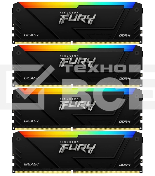 Оперативная память Kingston Fury Beast, DDR4, 32GB (4x8GB), 3600MHz, CL17, с радиаторами, RGB, черный