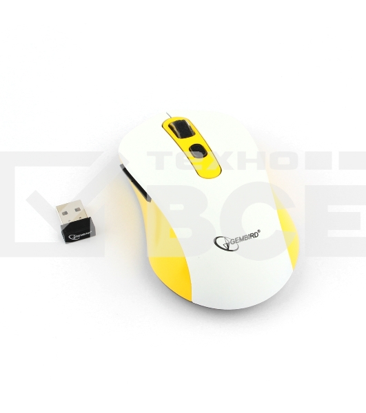 Мышь беспроводная Gembird MUSW-221-Y белый/желтый, 1600 dpi, радиоканал, USB, кнопки - 6