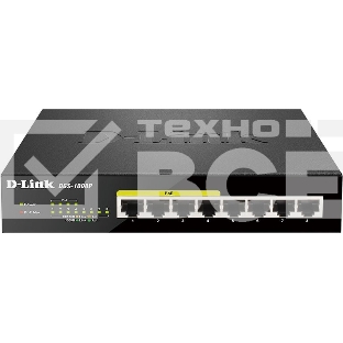 Коммутатор Unmanaged Switch with 8 10/100/1000Base-T ports (4 PoE ports 802.3af/802.3at (30 W), PoE Budget 68).8K Mac address, Auto-sensing, 802.3x Flow Control, Stand-alone, Auto MDI/MDI-X for each port, D-link Green technology, Metal case.Manual + Exter