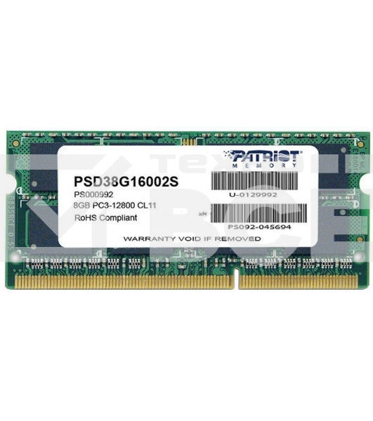 Оперативная память Patriot, DDR3, 8GB (1x8 GB), 1600 MHz, CL11, SO-DIMM