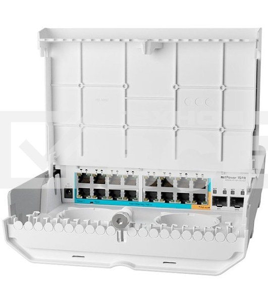 Коммутатор MikroTik netPower 15FR with 800MHz CPU, 256MB RAM, 16 x 10/100Mbps Ethernet ports (15 with Reverse POE-in, 1 with PoE-OUT), 2 x SFP, RouterOS L5 or SwitchOS (dual boot), outdoor enclosure, mounting ki