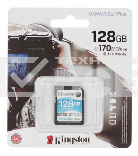 Карта памяти Kingston 128GB SDXC Canvas Go Plus 170R C10 UHS-I U3 V30 EAN: 740617301458