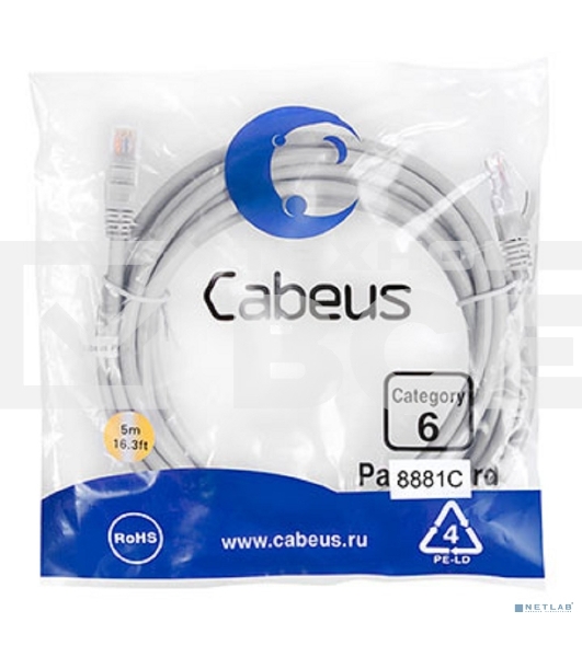 Шнур комм. Cabeus, кат. 6, неэкр., U/UTP, RJ45/RJ45, LSZH, AWG24, 5м, серый