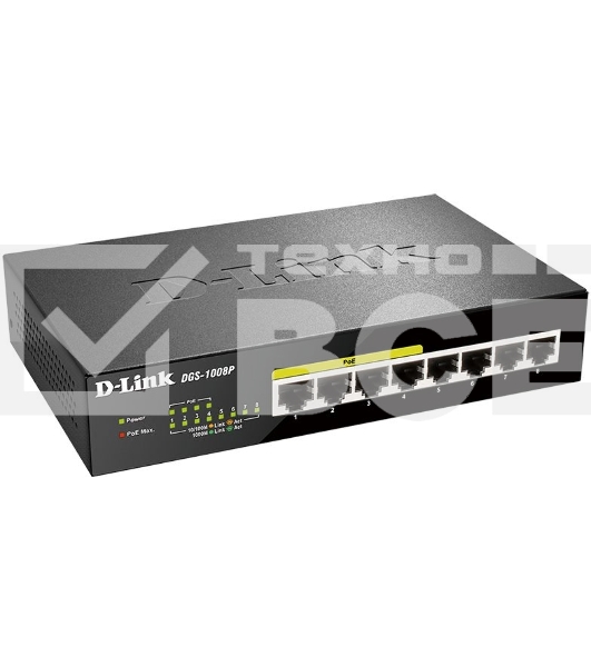 Коммутатор Unmanaged Switch with 8 10/100/1000Base-T ports (4 PoE ports 802.3af/802.3at (30 W), PoE Budget 68).8K Mac address, Auto-sensing, 802.3x Flow Control, Stand-alone, Auto MDI/MDI-X for each port, D-link Green technology, Metal case.Manual + Exter