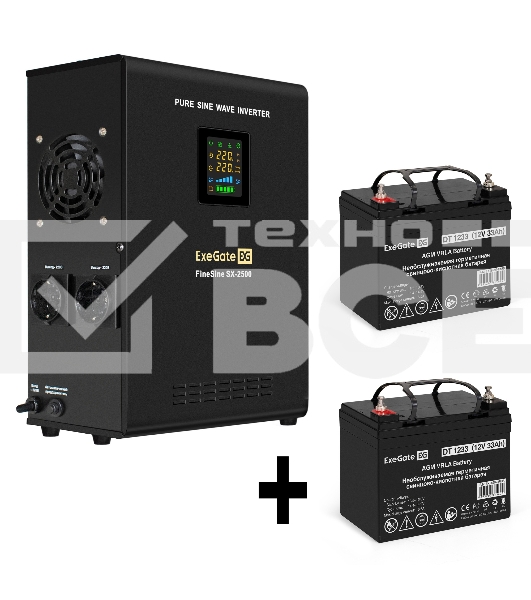 Комплект Источник бесперебойного питания EX296002RUS + батарея 33Aч EX282974RUS 2шт (инвертор, синус, для котла, настенный) ExeGate FineSine SX-2500.LCD.AVR.2SH <2500VA/1800W, чистая синусоида, цветной LCD-дисплей, AVR, 2*Schuko, линейно-интерактивный, кр