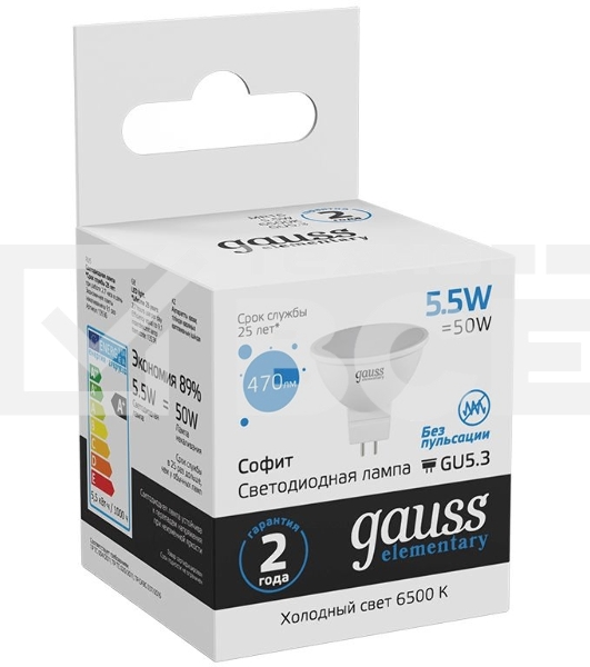 Лампа светодиодная Gauss Elementary MR16 6Вт цок.:GU5.3 спот 220B 6500K св.свеч.бел.хол. MR16 (упак.:10шт) (13536)