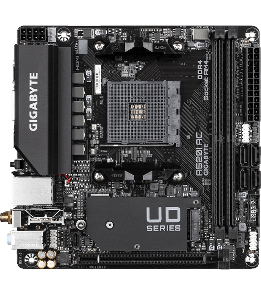 Материнская плата Gigabyte A520I AC AM4, AMD A520, 2xDDR4-3200 МГц, 1xPCI-Ex16, 1xM.2, Mini-ITX