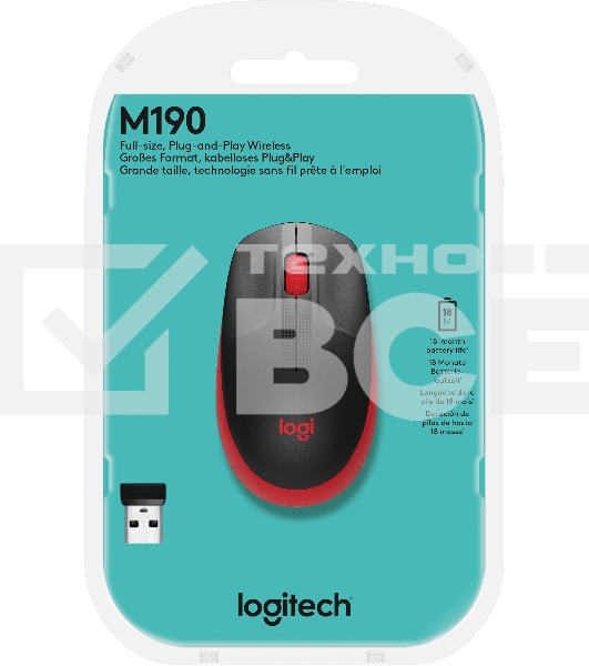 Мышь беспроводная Logitech M190 черный/красный, 1000 dpi, радиоканал, USB, кнопки - 3