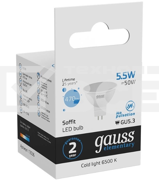 Лампа светодиодная Gauss Elementary MR16 6Вт цок.:GU5.3 спот 220B 6500K св.свеч.бел.хол. MR16 (упак.:10шт) (13536)