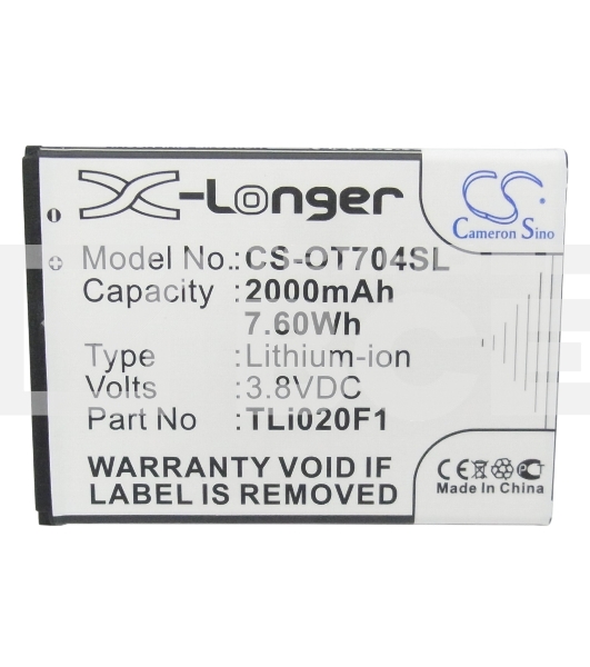 Аккумулятор CameronSinoCS-OT704SL TLi020F1 для Alcatel One Touch 7040, 7041, 6036, 5042 3.8V / 2000mAh / 7.60Wh