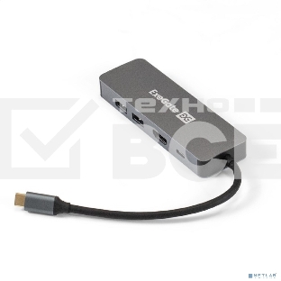 USB-концентратор ExeGate DUB-21C/PD/HL (кабель-адаптер USB Type-C --> 2xUSB3.0 + PD 100W + HDMI 4K@60Hz + Lan RJ45 10/100/1000Mb, Plug&Play, серая)