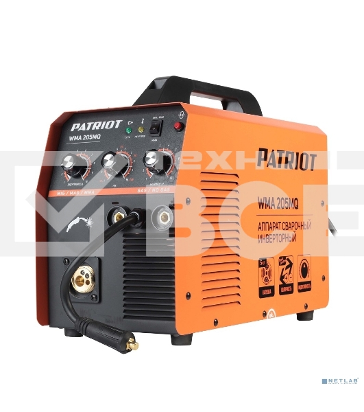 Полуавтомат сварочный инверторный PATRIOT WMA 205MQ MIG/MAG/MMA, полуавтоматическая сварка в среде газа (MIG/MAG) стальной и флюсовой проволокой 0.6/0.8 мм, сварка электродом (MMA) до 4мм, сварочный ток в режиме MIG: 40-200А; сварочный ток в режиме MMA: 4