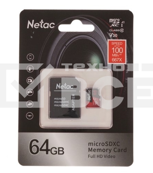 Флеш карта MicroSD card Netac P500 Extreme Pro 64GB, retail version w/SD adapter