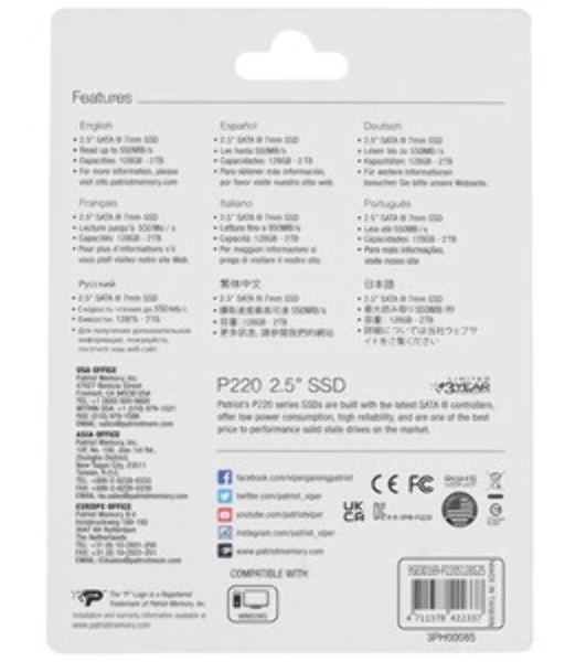 Накопитель SSD Patriot P220, 128Gb, SATA III, 2.5', R/W 550/480