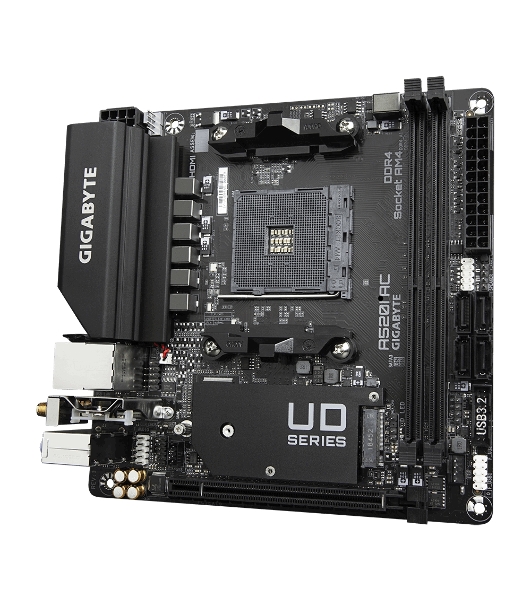 Материнская плата Gigabyte A520I AC AM4, AMD A520, 2xDDR4-3200 МГц, 1xPCI-Ex16, 1xM.2, Mini-ITX