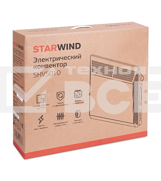 Конвектор Starwind SHV5010, белый, 1000 Вт, 15 м2, термостат, 1 режим мощности