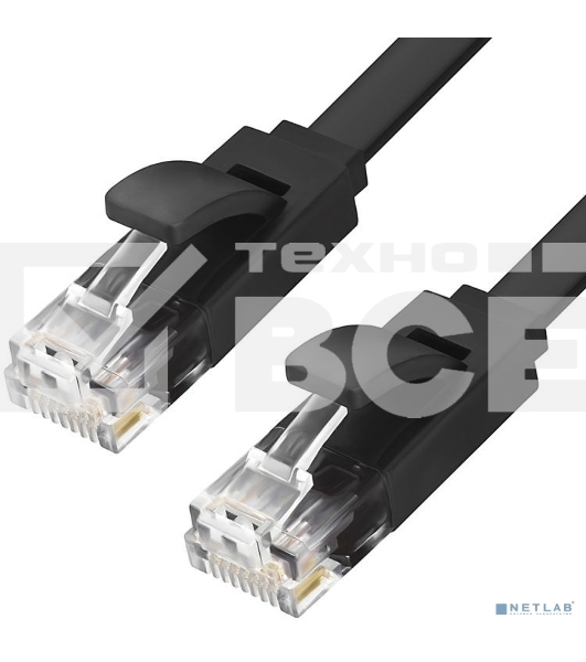 Патч-корд Greenconnect плоский прямой PROF 15.0m UTP медь, кат.6, черный, позолоченные контакты, 30 AWG, Premium ethernet high speed 10 Гбит/с, RJ45, T568B (GCR-LNC616-15.0m)