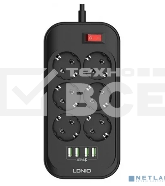 Сетевой фильтр Perfeo LD_B4436 LDNIO SE6403/ Сетевой удлинитель 2м + ЗУ на 4 USB/ 6 розеток (медь) - 2500W/ USB - 17W/ черный/серый