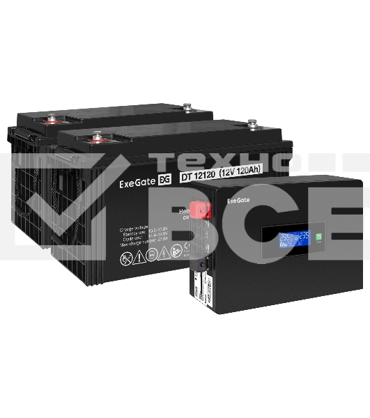 Комплект Источник бесперебойного питания EX295994RUS + батарея 120Aч EX282988RUS 2шт (инвертор, синус, для котла, PF=1, настенный) ExeGate IdealSine SR-1500.LCD.2SH  <1500VA/1500W, чистая синусоида, цветной LCD-дисплей, 2*Schuko, крепление настенное, черн