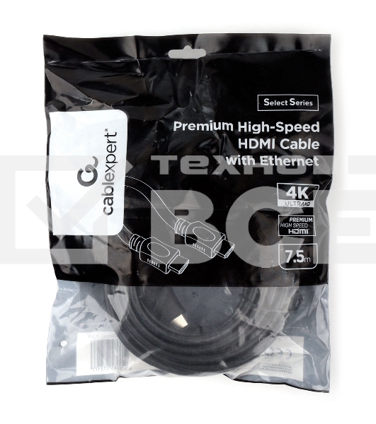 Кабель HDMI Cablexpert CC-HDMI4L-7.5M, 7.5м, v2.0, 19M/19M, серия Light, черный, позол.разъемы, экран, пакет