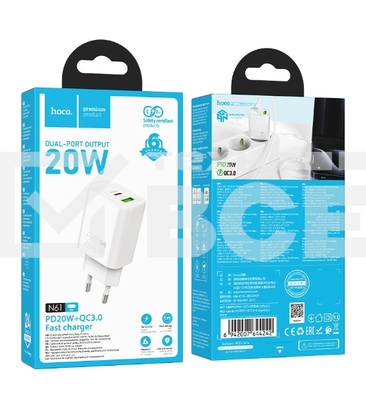 Зарядное устройство Hoco 20Вт, 3А, QC3.0/PD, 1xUSB, 1xType-C, N61, белый, коробка