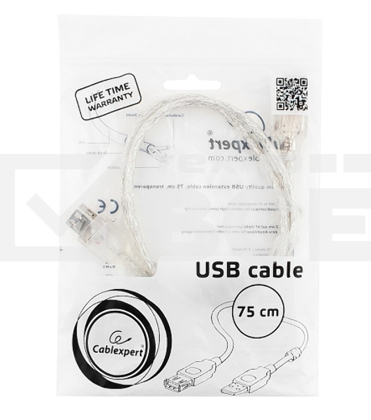 Кабель удлинитель USB2.0 Pro Cablexpert CCF-USB2-AMAF-TR-0.75M, AM/AF, 0,75м, экран, 2феррит.кольца, прозрачный, пакет
