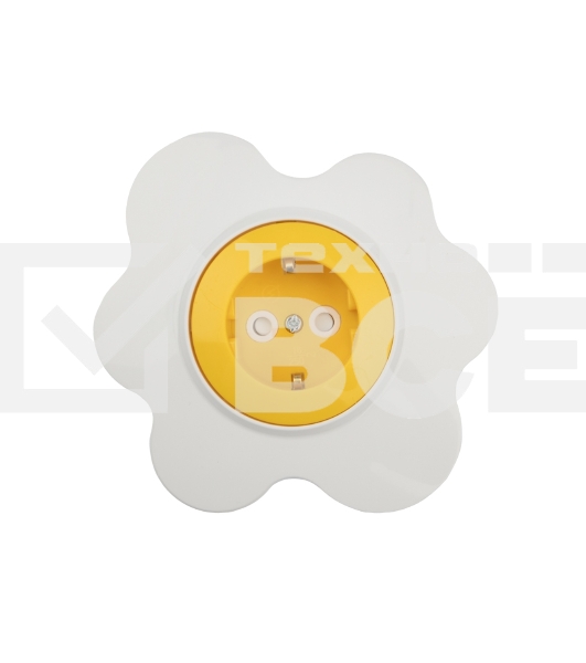 Розетка одноместная KRANZ HAPPY Яичница скрытой установки, с заземлением и защитными шторками, желтая/белая