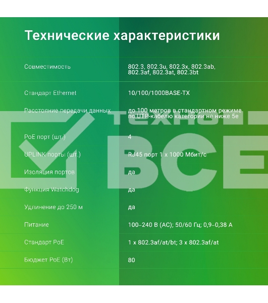 Коммутатор Digma DSP204G-1G-T80 (L2) 5x1Гбит/с 4PoE 4PoE+ 1PoE++ 80W неуправляемый