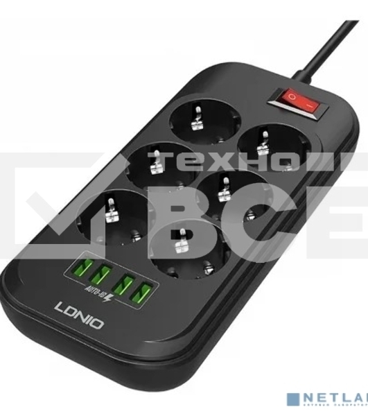 Сетевой фильтр Perfeo LD_B4436 LDNIO SE6403/ Сетевой удлинитель 2м + ЗУ на 4 USB/ 6 розеток (медь) - 2500W/ USB - 17W/ черный/серый