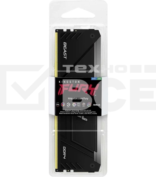 Оперативная память Kingston Fury Beast, DDR4, 16GB (1x16GB), 3600MHz, CL18, с радиатором, RGB, черный