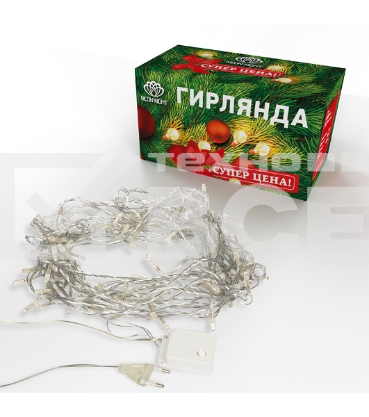 Гирлянда светодиодная универсальная 100 LED ТЕПЛЫЙ БЕЛЫЙ 10 метров, прозрачный ПВХ, с контроллером
